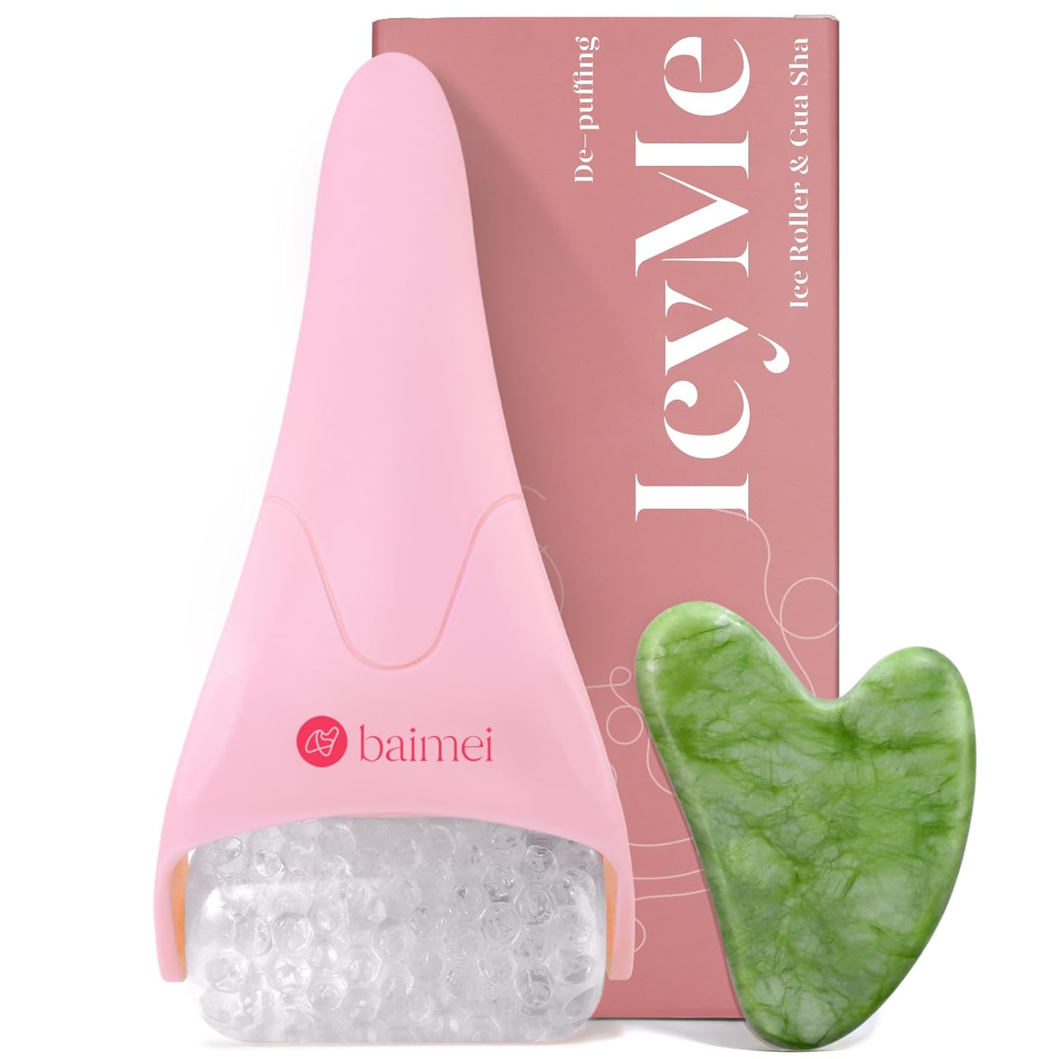 BAIMEI IcyMe Ice Roller and Jade Gua Sha Facial Tool Set Pink