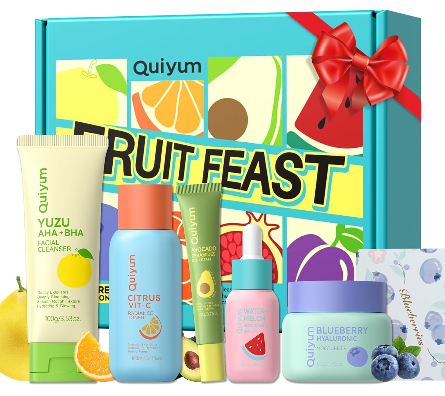 QUIYUM 5 Piece Fruit Infused Daily Skincare Routine Gift Set